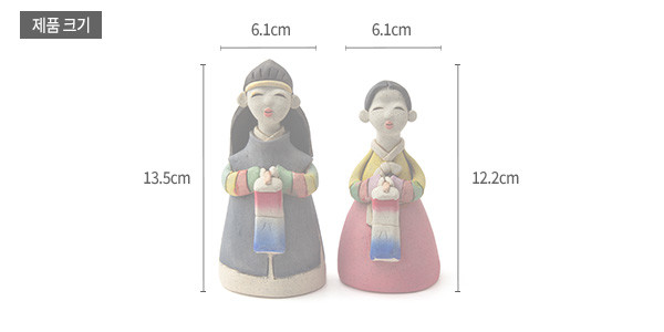 [텍스트: 제품 크기 13.5cm 6.1cm 6.1cm 12.2cm] 황토 질감 도자 재질의 남녀 한복 인형, 색동 소매와 분홍·남색 치마, 붉은·청색 그라데이션 청사초롱을 든 소박한 조형미의 전통 인형 구성