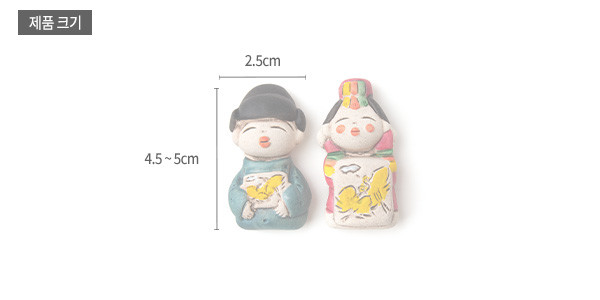 [텍스트: 제품 크기 4.5~5cm 2.5cm] 황토 느낌 도자 재질의 신랑신부 자석 인형, 청록·홍색 한복과 노란 나비 문양이 어우러진 전통 혼례 복식 표현