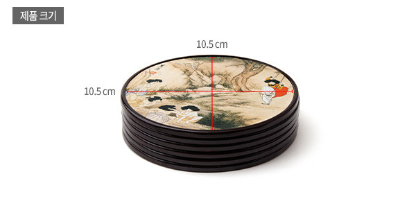 [텍스트: 제품 크기, 10.5cm, 10.5cm] 흑갈색 원형 테두리 위에 수묵담채풍 신윤복 풍속화를 인쇄한 나무 재질 컵받침 세트 이미지 설명