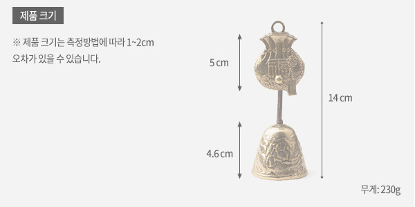 [텍스트: 제품 크기 ※ 제품 크기는 측정방법에 따라 1~2cm 오차가 있을 수 있습니다. 5cm 14cm 4.6cm 무게:230g] 황동 재질 복주머니 상단과 인물·건축 부조 문양 하단이 연결된 소형 장식 종 이미지 묘사