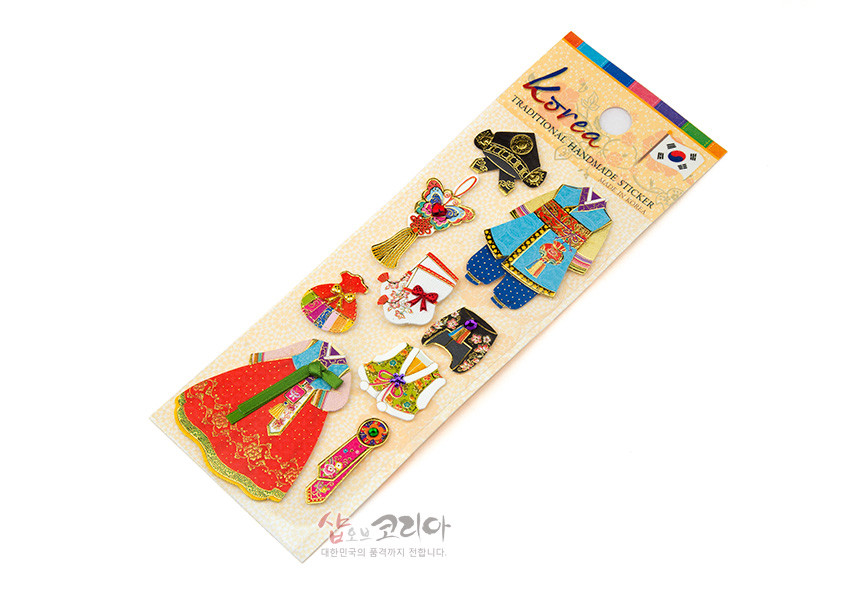[텍스트: Korea TRADITIONAL HANDMADE STICKER, 샵오브코리아 대한민국의 품격까지 전합니다.] 색동 한복·도포·조바위와 노리개, 보자기 등 전통 복식과 장신구를 입체적으로 표현한 다채로운 색감의 스티커 구성