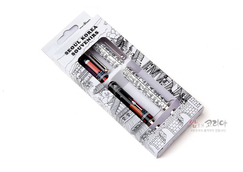 [텍스트: SEOUL KOREA SOUVENIRS] 메탈릭 실버와 블랙 바디에 한글 서체 문양과 서울 야경 일러스트를 컬러 프린팅한 금속 볼펜 세트 디자인