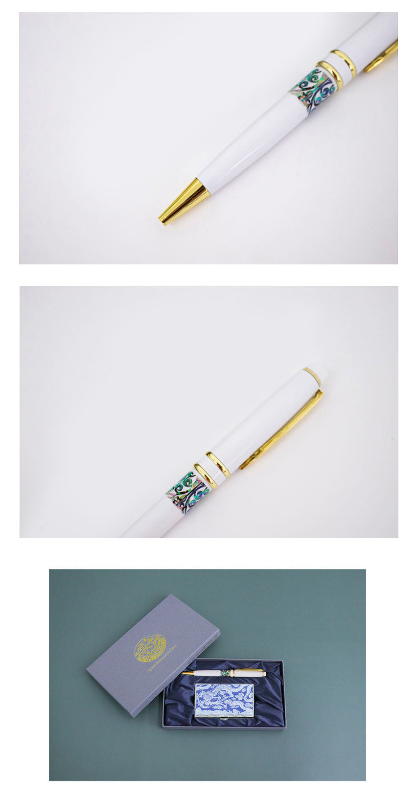 [텍스트: KOREAN TRADITIONAL CRAFTS] 백색 금속 볼펜에 자개 상감 청색 운룡문 장식 띠와 금색 메탈 파츠가 어우러진 명함케이스·볼펜 세트 이미지