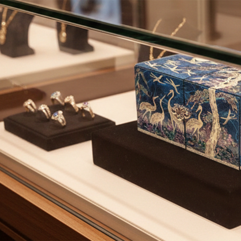 유리 진열장 속 청색 한지 바탕에 자개 상감으로 소나무와 학, 달과 구름 문양을 세밀하게 표현한 나전 쌍합과 옆의 반지 진열 모습