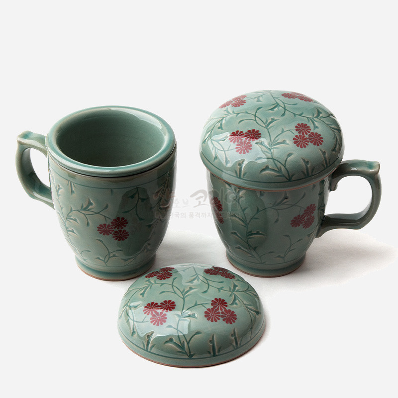청자 재질의 머그다기에 적색 국화 문양과 녹청색 유약을 입힌 뚜껑 포함 세트.