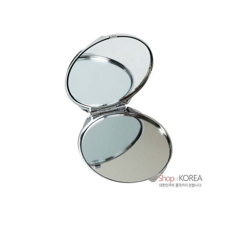 은색 금속 프레임으로 제작된 원형 양면 거울, 한쪽 확대경과 일반 거울 구성의 휴대용 손거울.