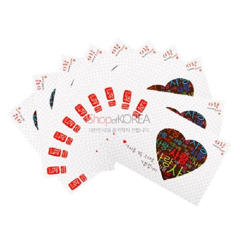 한글 ‘사랑’ 문양의 다채로운 색상 하트 디자인과 붉은 도장 글씨가 특징인 엽서 세트.