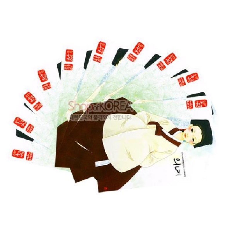의녀 한복 일러스트와 옅은 수묵 배경, 붉은 전각 인장이 포인트인 종이 엽서 10장 세트.