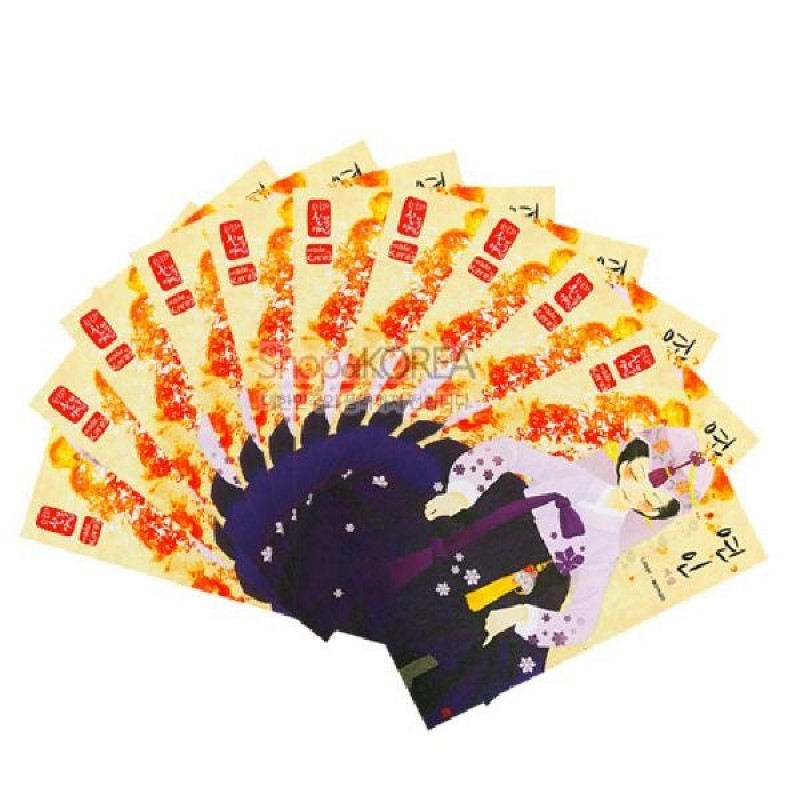 한복을 입은 여성 일러스트와 붉은 서예식 도장 문양, 노랑·보라색 배색이 특징인 한국의 아침 시리즈 엽서 10장 세트.