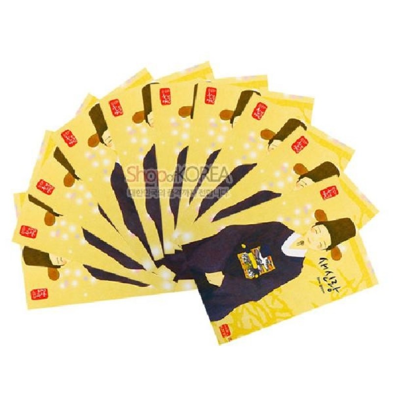 밝은 노란색 배경에 한복 차림 새신랑 일러스트와 전통 봉황 흉배 문양이 그려진 인쇄 엽서 10장 세트.