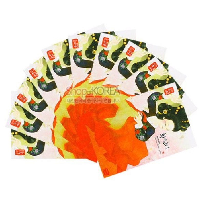 수묵화 기법으로 표현한 황진이 인물과 붉은 치마의 대비가 돋보이는 컬러 일러스트 엽서 10장 세트.