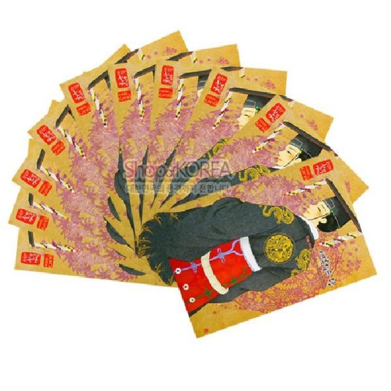 전통 예복 입은 왕과 봉황·모란 문양을 채색한 일러스트, 금색·적색 포인트와 한글 인장 디자인이 돋보이는 카드형 엽서 세트.