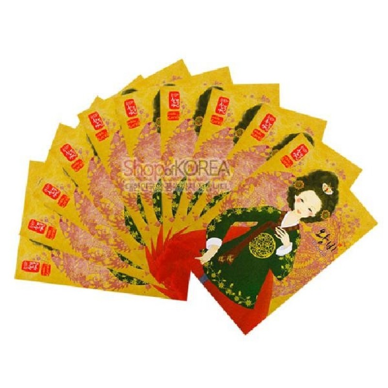 노란 바탕에 화려한 봉황 문양과 전통 왕비 한복을 일러스트로 표현한 컬러 인쇄 엽서 10장 세트.