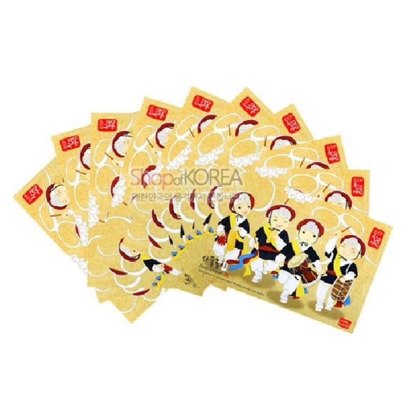 전통 사물놀이 연주자를 경쾌한 일러스트로 표현한 황금빛 배경의 컬러 인쇄 엽서 세트.