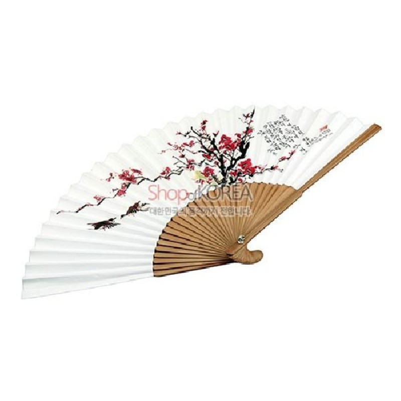 대나무 살 위에 흰 종이를 붙이고 붉은 매화와 먹선 가지를 채색한 전통 접선. 대나무 살 위에 흰 종이를 붙이고 붉은 매화와 먹선 가지를 채색한 전통 접선.