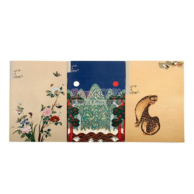 민화 화조도·일월오봉도·호랑이 문양과 원색 대비가 특징인 종이 표지 노트 세트. 민화 화조도·일월오봉도·호랑이 문양과 원색 대비가 특징인 종이 표지 노트 세트.