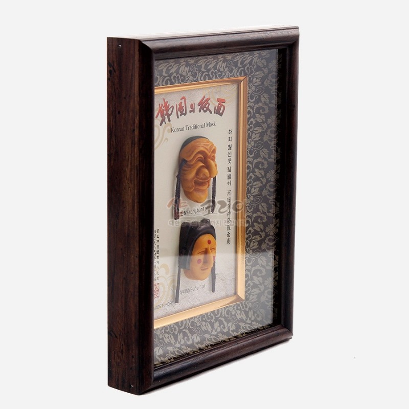 짙은 목재 액자에 당초무늬 배경을 두고 황갈색 하회탈 장식이 세로로 배치된 입체 액자형 장식품.
