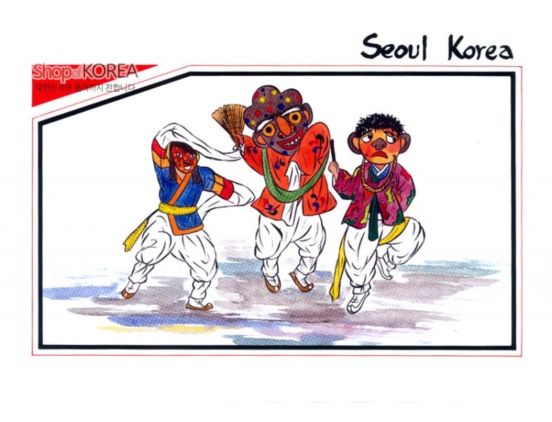 탈춤 인물과 한복을 주제로 한 다채로운 색채의 일러스트가 인쇄된 한국 민속 그림엽서.