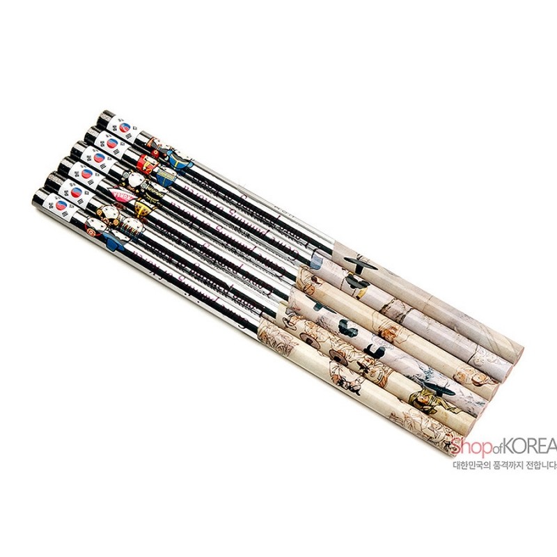 신윤복·김홍도 풍속화 인쇄 장식, 흑백 대비 색채와 인물 풍속 문양이 특징인 연필 6종 세트.