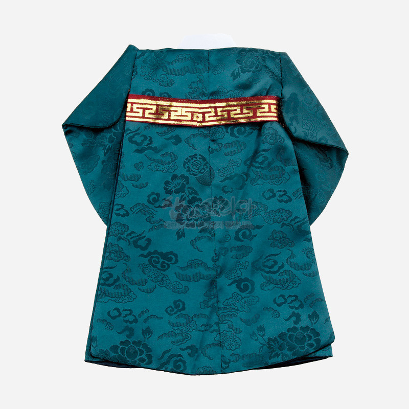 청록색 비단에 구름·당초·보문 문양이 짜인 왕 robes형 와인 병 커버, 금색 기하학 무늬 장식 끈 포인트. 청록색 비단에 구름·당초·보문 문양이 짜인 왕 robes형 와인 병 커버, 금색 기하학 무늬 장식 끈 포인트.