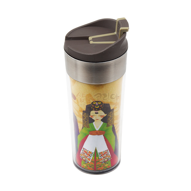 스테인리스와 플라스틱 소재, 노랑·초록·빨강 색상의 활옷 차림 신부 일러스트가 인쇄된 카페 텀블러.