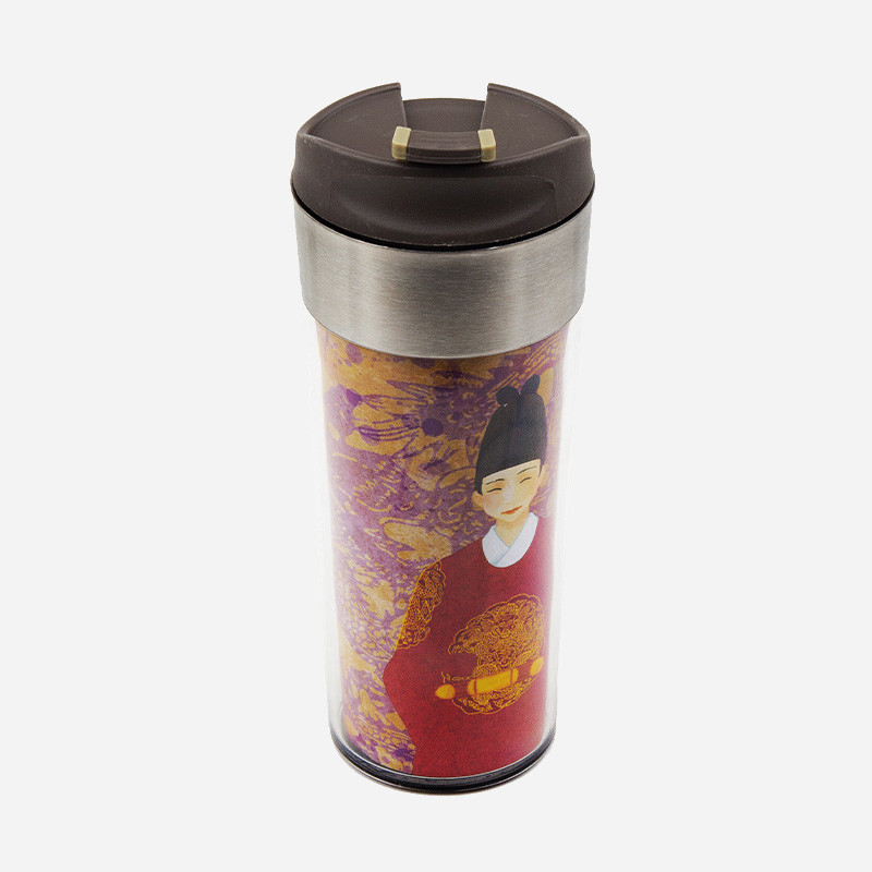 붉은 곤룡포와 금색 흉배 문양의 왕 일러스트가 인쇄된 스테인리스 뚜껑 카페 텀블러.