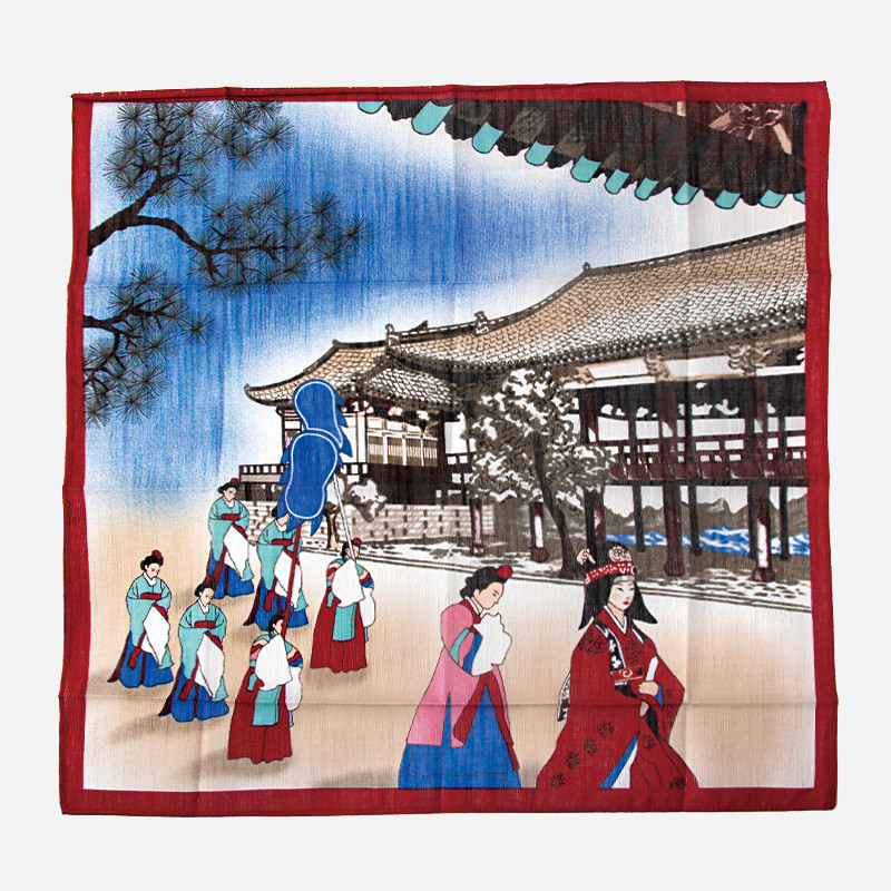 궁중 혼례 행렬과 전통 건축을 담은 평직 직물 손수건, 붉은 테두리와 청색·적색 대비 색채가 돋보이는 민속화 문양.