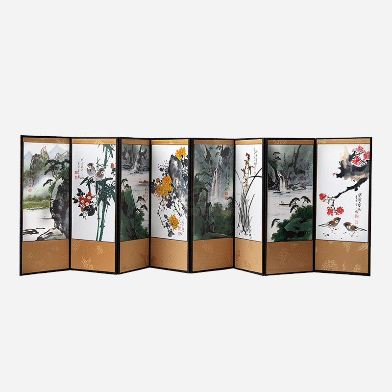 비단 재질 8폭 병풍에 수묵 담채 기법으로 그린 산수와 매난국죽 사군자, 새와 꽃 문양, 금색 단청 무늬 하단 장식이 조화된 실크 병풍.