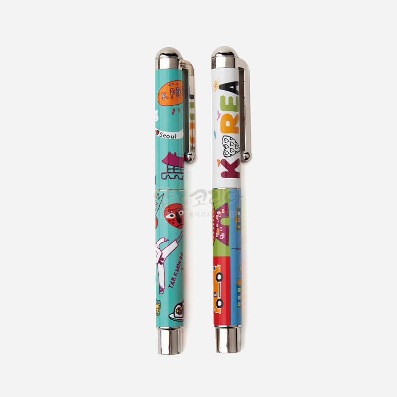 서울 랜드마크와 한글, 탈, 태권도 등을 팝아트풍 일러스트로 담은 다채로운 색상의 금속 클립 볼펜 세트.
