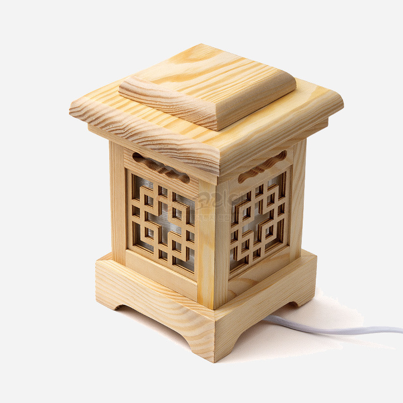 자연색 원목 재질로 제작된 사각 형태의 전등, 완자문살 문양 창살과 단순한 연등 구조가 특징인 조명 인테리어 소품.