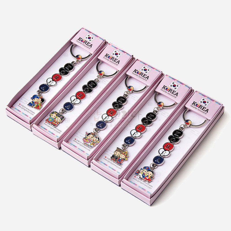 금속 재질 원형 장식에 검정·빨강·남색 에나멜을 채운 후 전통예복 캐릭터·한국 건축물 문양으로 장식한 열쇠고리 5종 세트. 금속 재질 원형 장식에 검정·빨강·남색 에나멜을 채운 후 전통예복 캐릭터·한국 건축물 문양으로 장식한 열쇠고리 5종 세트.