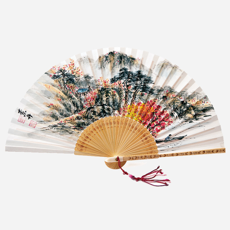 대나무 살과 한지로 만든 합죽선, 수묵채색으로 표현한 가을 산수화와 붉은 단풍, 붉은 매듭 장식이 특징인 전통 접부채.