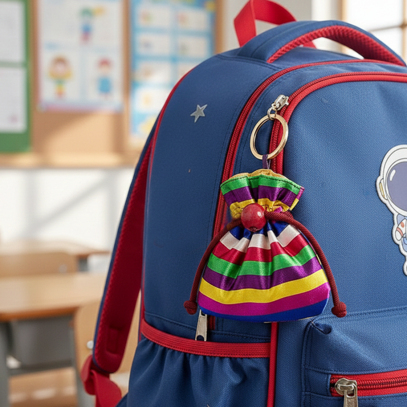 비단 소재 색동 줄무늬와 붉은 매듭 끈, 원형 금속 고리가 조화를 이루는 복주머니 키링.