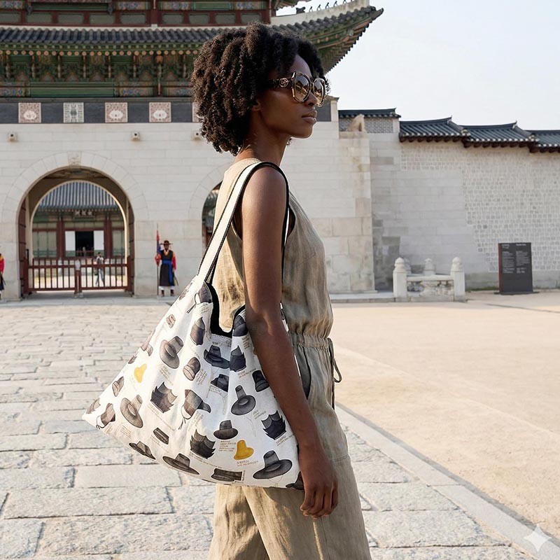 한국 전통 갓 일러스트 패턴이 인쇄된 화이트 톤 천 소재 대형 숄더가방. 한국 전통 갓 일러스트 패턴이 인쇄된 화이트 톤 천 소재 대형 숄더가방.