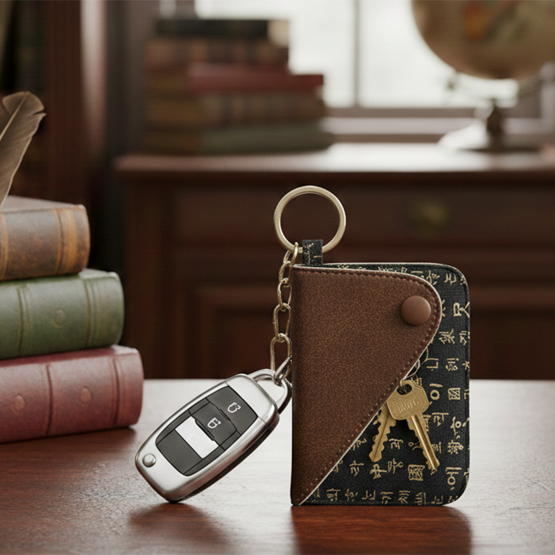 가죽 소재와 한글 서체 문양이 조합된 브라운 컬러의 카드 지갑 겸 키링.