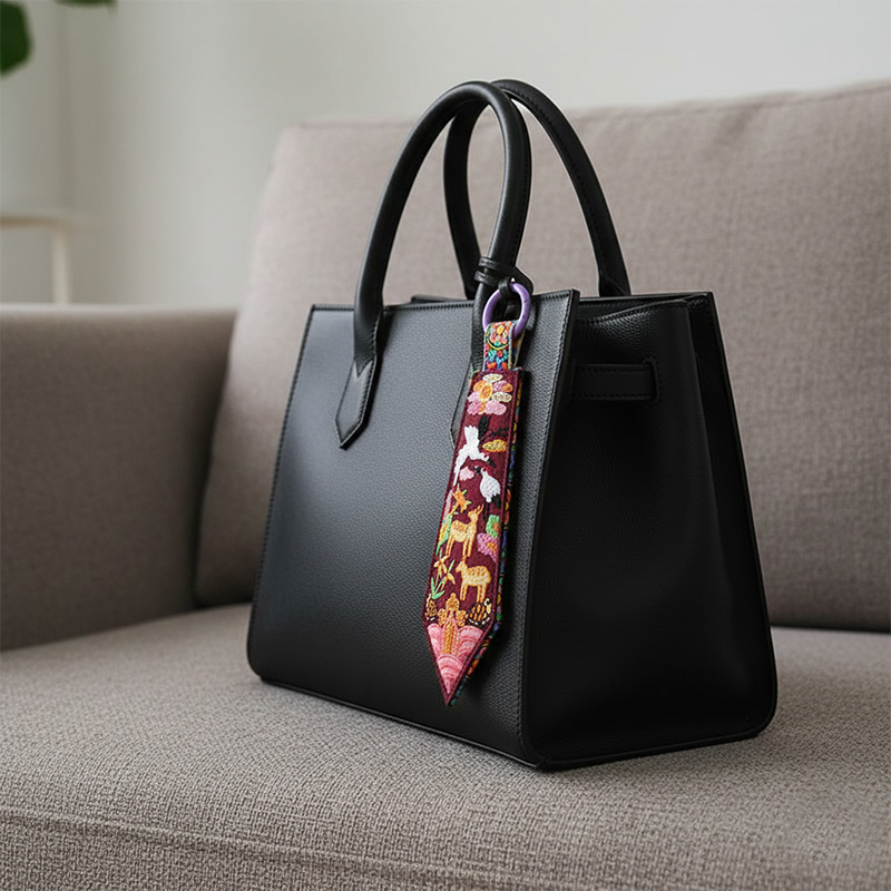 비단 느낌 원단에 십장생 동물과 구름, 수목을 다채로운 자수로 표현한 태슬형 금속 고리 키링.