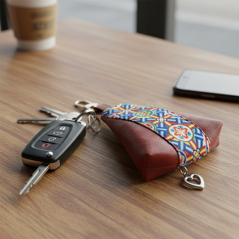 붉은 가죽 바탕에 청색과 황색이 조화를 이룬 전통 단청 꽃문양 직물 장식의 동전지갑.