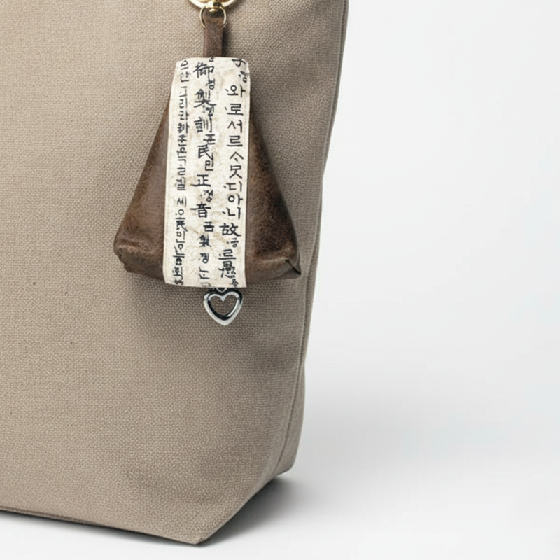 갈색 가죽 질감에 한글 문자문 양각 장식과 금속 하트 펜던트가 달린 동전 지갑.