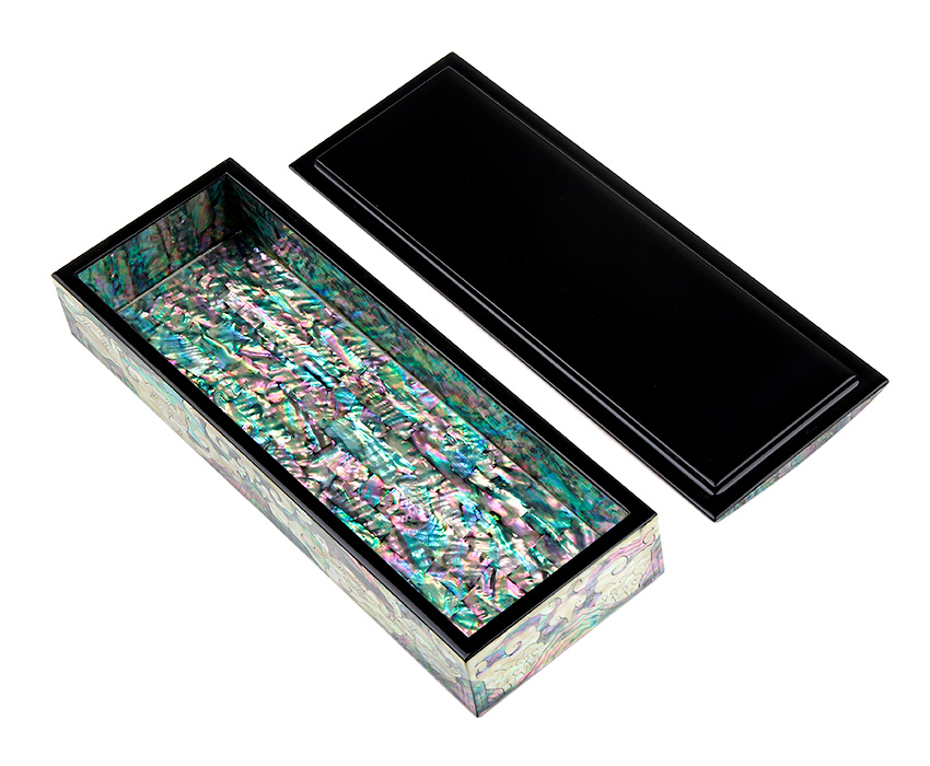 명작 채화 필함과 명함함 - 운학 검은 옻칠 외관과 내부 가득 빛나는 다채로운 자개 상감이 조화를 이루는 직사각형 필함 구성