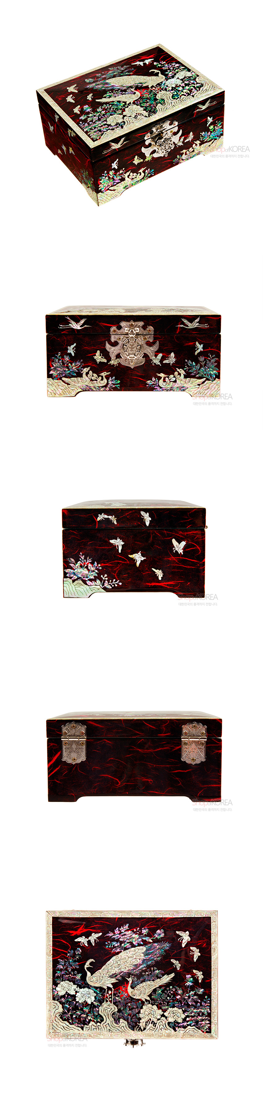 [텍스트: shopKOREA 대한민국의 품격까지 전합니다] 적색 옻칠 바탕 위 공작·모란·나비 자개 상감과 금속 잠금장식, 모서리 테두리 장식이 어우러진 직사각 보석함 이미지 설명