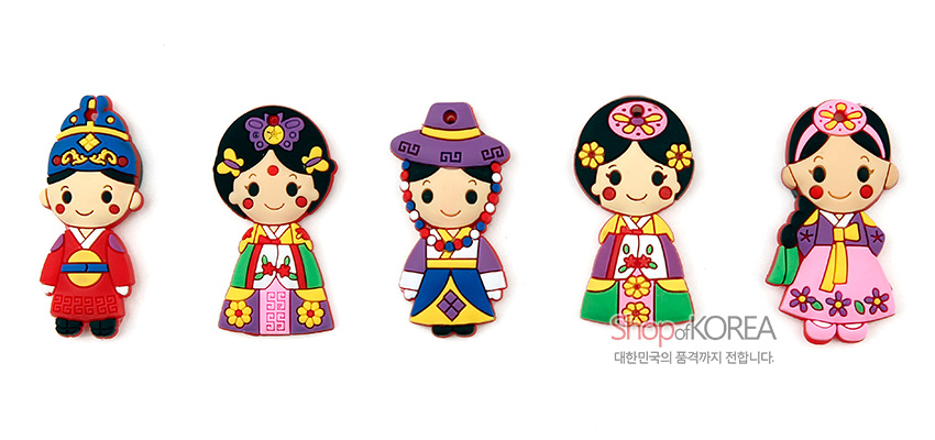 [텍스트: shopofKOREA 대한민국의 품격까지 전합니다.] 형형색색 고무 재질로 표현한 왕과 왕비 전통 복식, 꽃문양과 기하문양이 장식된 입체 캐릭터 메모자석 구성