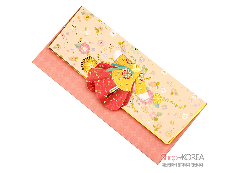 [텍스트: Shop of KOREA / 대한민국의 품격까지 전합니다.] 분홍·살구색 배경 위 금박 꽃문양과 입체 한복 여인 장식이 더해진 전통 종이 돈봉투 디자인