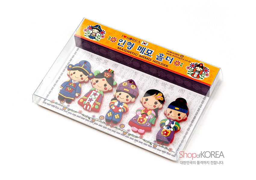 [텍스트: I ♥ KOREA / 인형 메모 홀더 / MAGNETIC MEMO HOLDER] 한복 입은 전통 인형 모양의 다채로운 색상 자석 메모홀더 5종 세트 이미지 설명