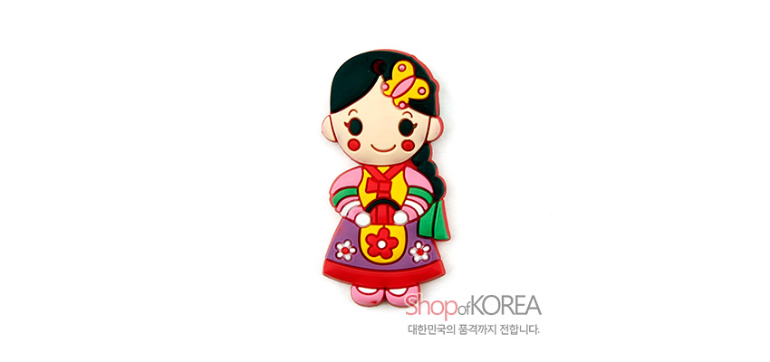 [텍스트: shopofKOREA / 대한민국의 품격까지 전합니다.] 알록달록 한복 차림 신부 전통인형 디자인, 밝은 원색과 꽃문양이 돋보이는 입체 고무 자석 메모홀더 이미지 설명