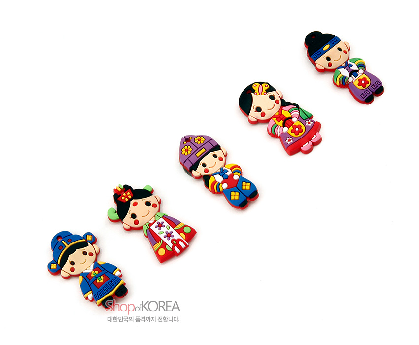 [텍스트: Shop of KOREA / 대한민국의 품격까지 전합니다.] 다채로운 색상의 전통 혼례복을 형상화한 신랑신부 입체 자석 메모홀더 5종 디자인 이미지