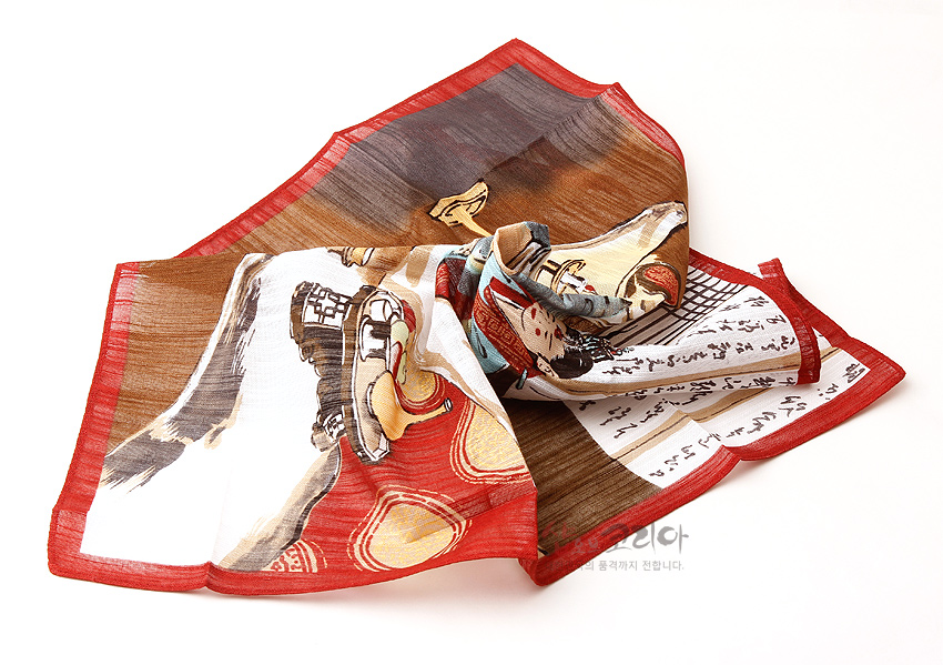 [텍스트: 샵오브코리아 좋은품질의 상품만을 판매합니다.] 비단 느낌의 직물에 꼬마신랑 민속화와 한글 서예가 인쇄된 손수건, 붉은 테두리와 갈색·크림색 배경의 조화로운 색감 디자인