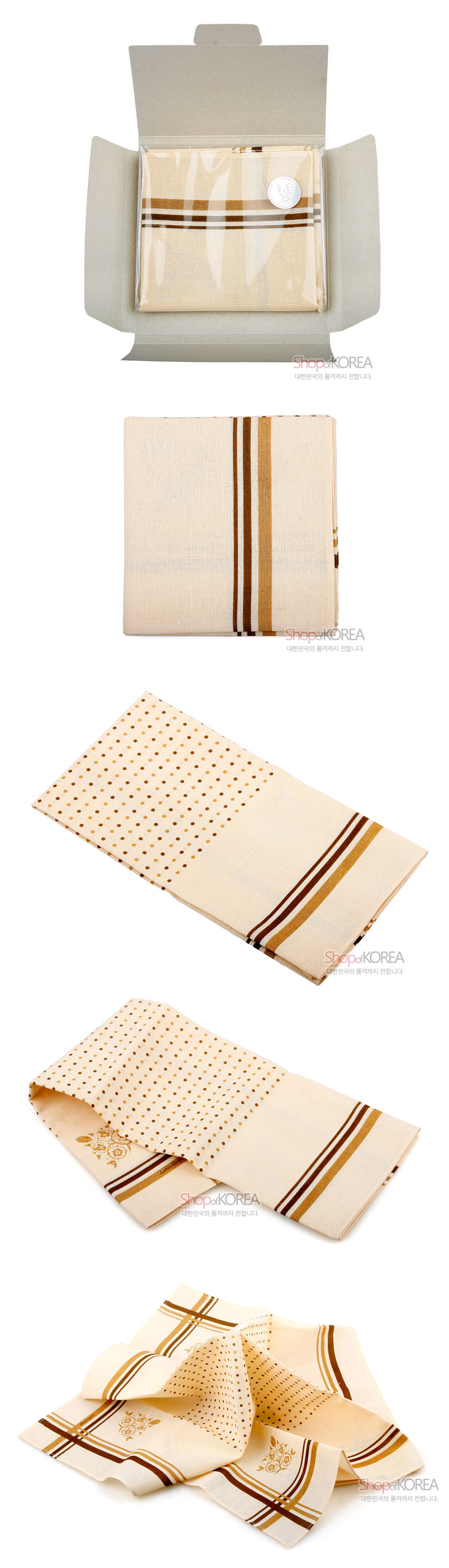 [텍스트: ShopofKOREA 대한민국의 품격까지 전합니다] 아이보리 한지사 직조 바탕에 갈색·베이지 줄무늬와 도트 패턴, 모서리 꽃문양이 어우러진 손수건 디자인