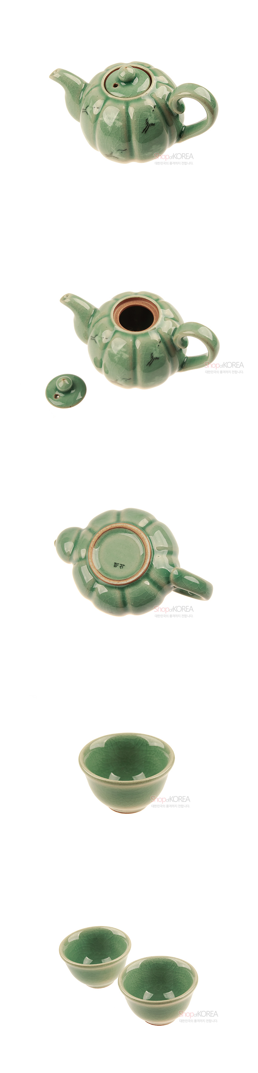 [텍스트: shopOKOREA 대한민국을 선물합니다.] 비취색 유약의 청자 재질 주전자와 찻잔 2인 세트, 운학 문양과 균열무 기법이 어우러진 전통 다기 구성