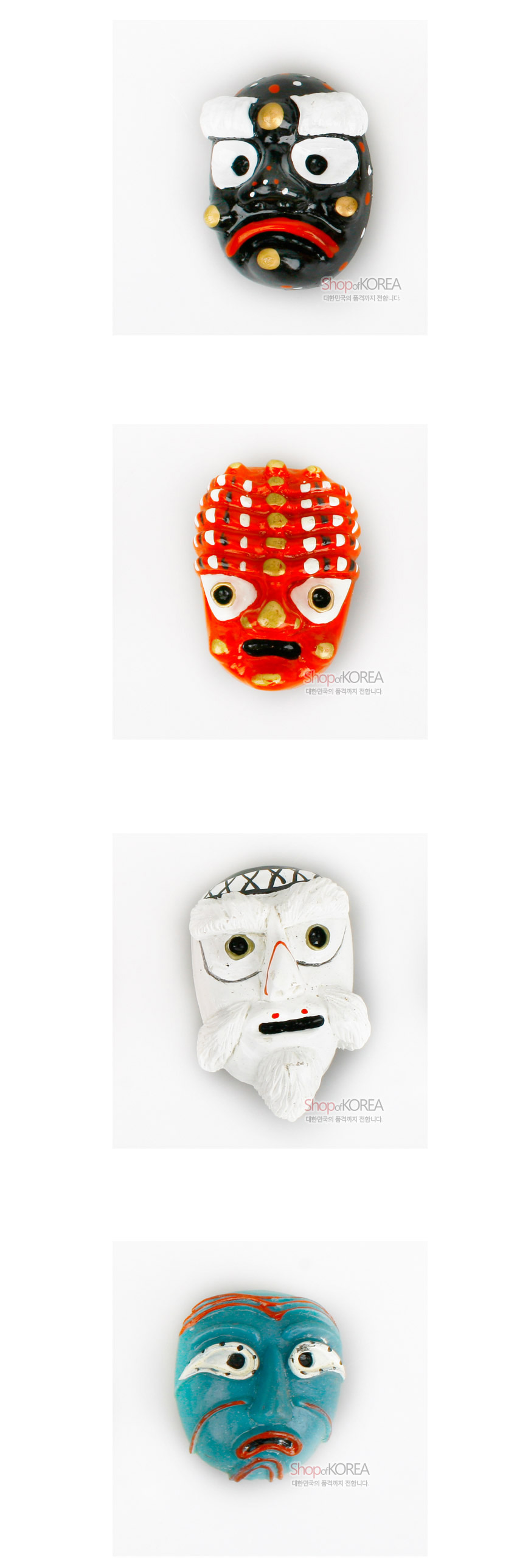 [텍스트: ShopofKOREA 대한민국의 품격까지 전합니다.] 나무 재질에 유약 처리한 봉산탈 형상 자석, 검정·주황·백색·청록색 채색과 돌출된 눈·수염·문양이 돋보이는 입체 조형