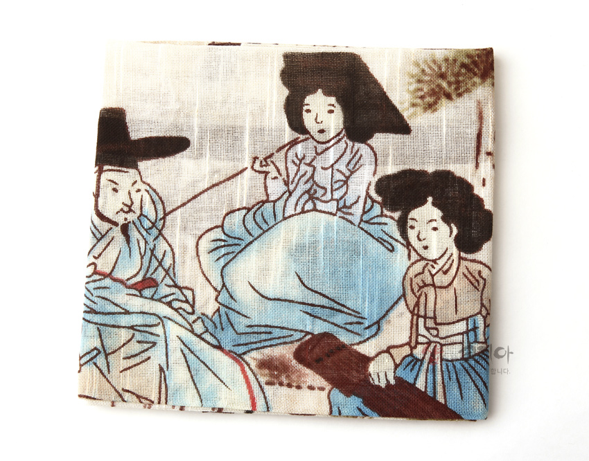 민속화 손수건-청금상련(신윤복) 전통 직물 소재에 신윤복 풍속화 인물과 풍경을 청록·갈색 계열로 인쇄한 민속화 손수건 디자인 이미지 설명